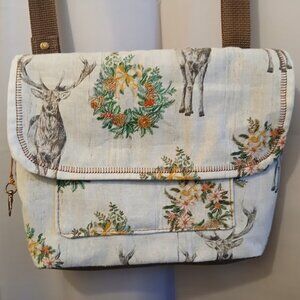 New Floral Deer Buck Crossbody Shoulder Bag Purse Flap top +Zip Ivory Brown Red